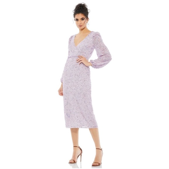 Mac Duggal Blouson Sleeve Sequined Surplice Midi Dress purple 10764 size 10